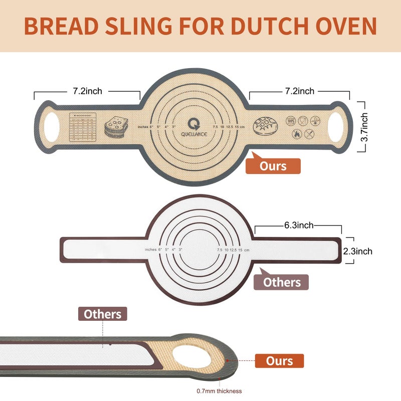 Quellance Silicone Sourdough Bread Sling Mat - 2Pcs Round Dough Baking Slings for Dutch Oven, NonStick High Degree Kitchen Sourbread Making Loaf Pan Lifter Liner, Reusable Cooking Transfer Mats with Long Handle - Image 3