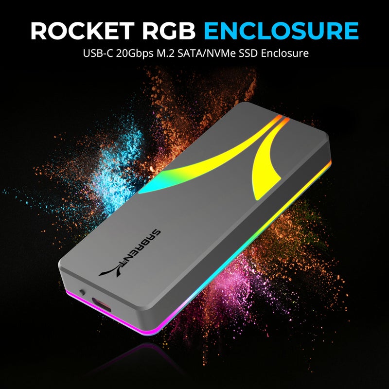 SABRENT Rocket RGB NVMe & SATA M.2 SSD Enclosure â€“ USB C 20Gbps Tool-Free Case, USB 3.2 Gen 2x2, Trim, UASP, RGB LED, Compatible with 2230/2242/2260/2280 Drives â€“ Aluminum, Plug & Play (EC-RGBG) - Image 2