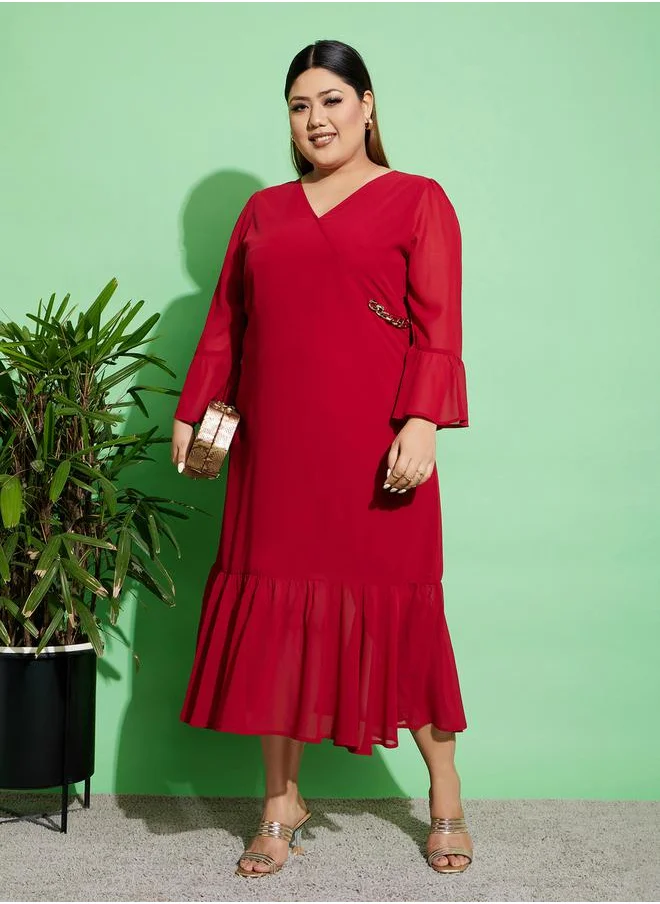 SASSAFRAS Chain Accent Tiered Wrap Dress with Bell Sleeves