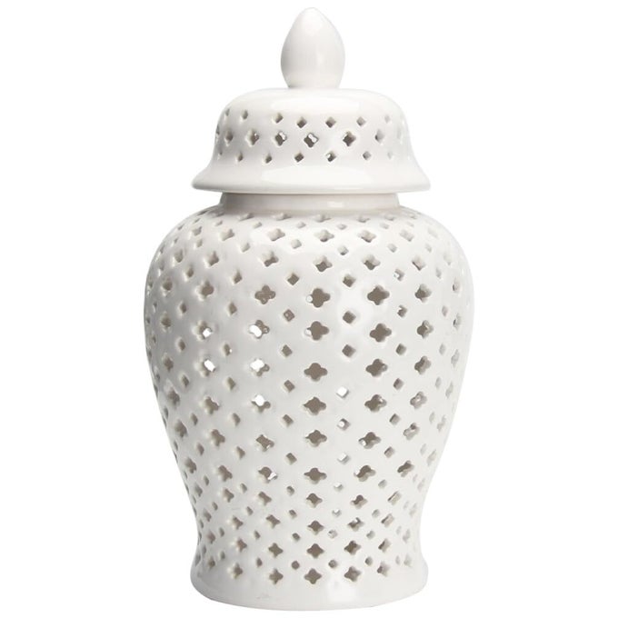 GINGER JAR TRADITIONAL PIERCED GINGER JAR WITH LID CERAMIC FLOWER VASE CARVED LATTICE DECORATIVE TEMPLE JAR WHITE GINGER JARS FOR HOME DECOR