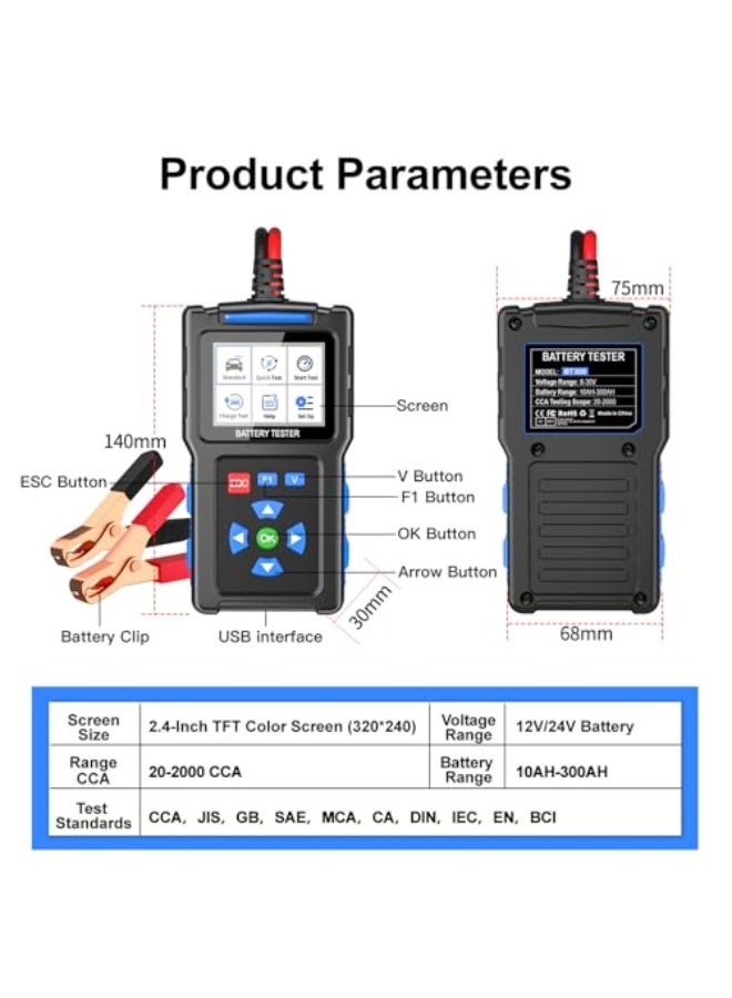 Eacam 12V24V Car Battery Tester, Automotive Battery Tester, 20-2000 CCA 10AH-300AH Lead-acid Batteries Tester with 2.4-inch TFT Color Screen Display for Cars, Trucks, Motorcycles - Image 2