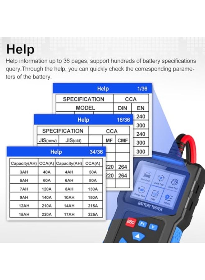 Eacam 12V24V Car Battery Tester, Automotive Battery Tester, 20-2000 CCA 10AH-300AH Lead-acid Batteries Tester with 2.4-inch TFT Color Screen Display for Cars, Trucks, Motorcycles - Image 4