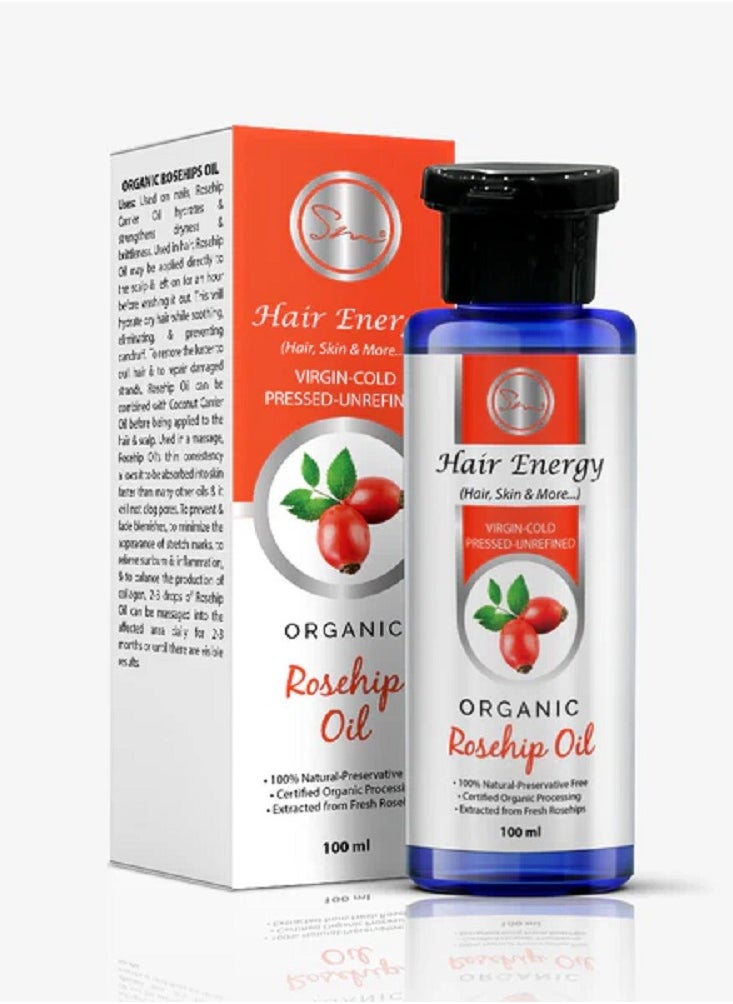 Hair Energy Hair Energy - Organic Rosehip Oil | Virgin Cold-Pressed & Unrefined | 100% Natural | Preservative-Free | Certified Organic Processing | Extracted from Fresh Rosehips | Multipurpose Beauty Oil | 100 ml 