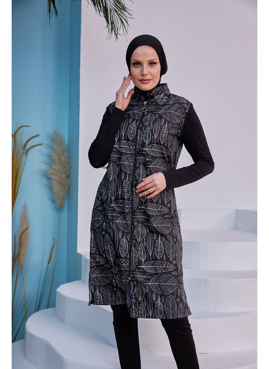 Remsa Mayo Full Covered Hijab Swimsuit Black and White Yaprak Merve  - Image 2
