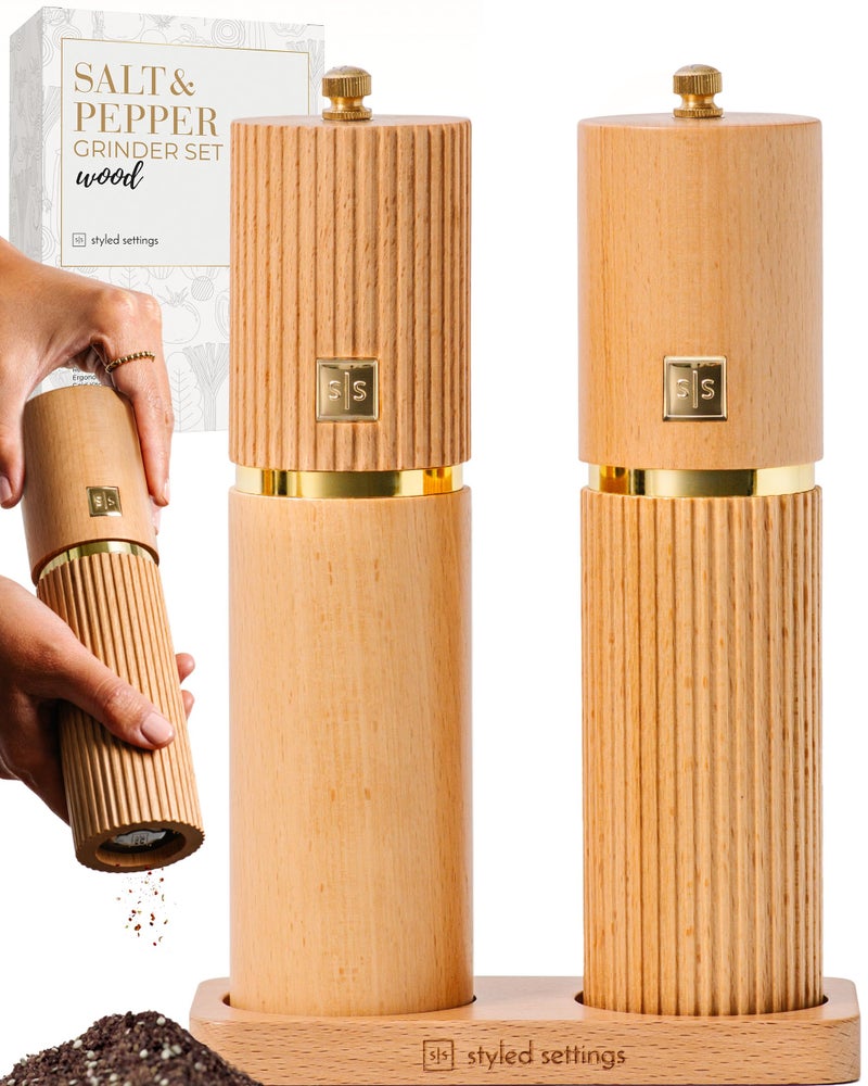Styled Settings Wooden Salt and Pepper Grinder Set with Gold Accents Refillable Wooden Manual Salt and Pepper Mill Set with Adjustable Ceramic Mills Matching Wood Stand Ideal for Gifting