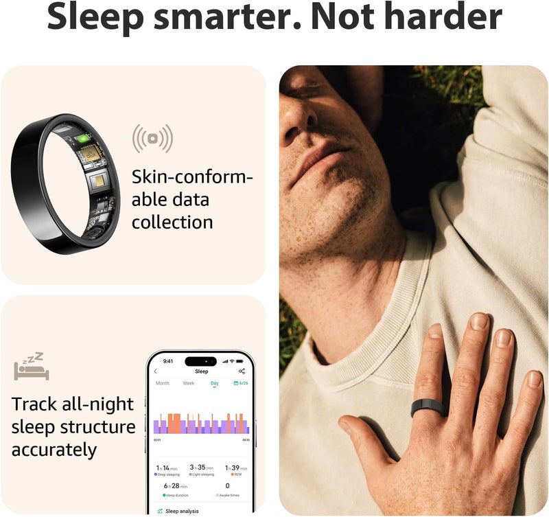 حلقة للرجال والنساء مراقبة النوم تتبع الصحة واللياقة البدنية لا اشتراك في التطبيق 7+ أنشطة متوفرة 7+ أيام عمر البطارية Android و iOS متوافق - Image 3