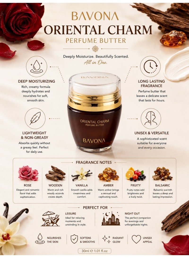 Bavona Oriental Charm Perfume Butter Long Lasting Moisturizing With Rose Wooden Vanilla Amber Fruity & Balsamic Notes 30ml - Image 3