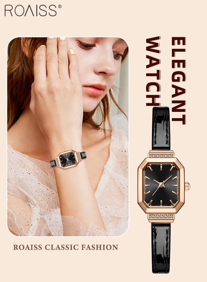 roaiss Women's Leather Strap Quartz Watch, Analog Display Octagonal Dial Decorated with Rhinestones, Waterproof Simple Elegant Wristwatch as Gift for Ladies - Image 1