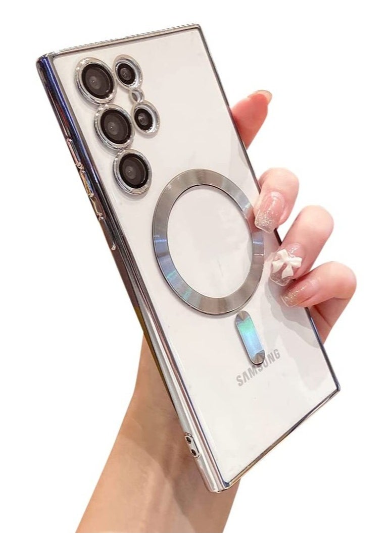Raxoom for Samsung Galaxy S23 Ultra Case Magnetic Clear with Camera Lens Protector Full Protection MagSafe Electroplated Silicone Slim Fit Shockproof Protective Case Cover - Silver - Image 1