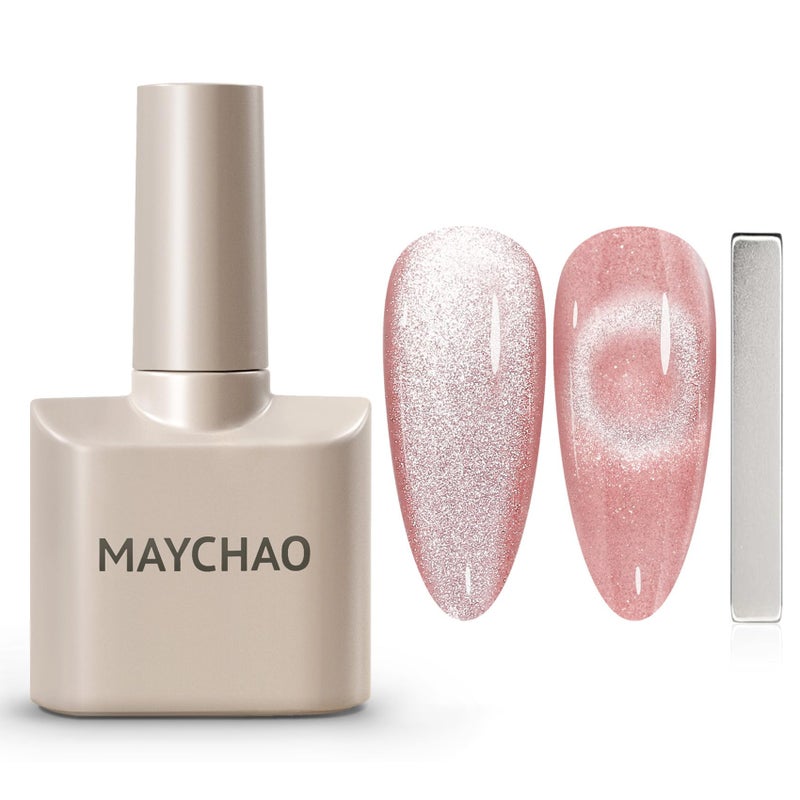 MAYCHAO 15ML Pink Cat Eye Gel Nail Polish 1Pc Jelly Summer Light Pink Cat Eye Glitter Shimmer with Magnet Soak off Holographic Magnetic Nail Polish for Nail Art Manicure Salon DIY at Home, 0.5 OZ - Image 1