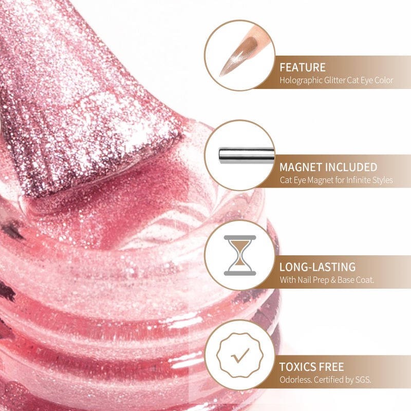 MAYCHAO 15ML Pink Cat Eye Gel Nail Polish 1Pc Jelly Summer Light Pink Cat Eye Glitter Shimmer with Magnet Soak off Holographic Magnetic Nail Polish for Nail Art Manicure Salon DIY at Home, 0.5 OZ - Image 2