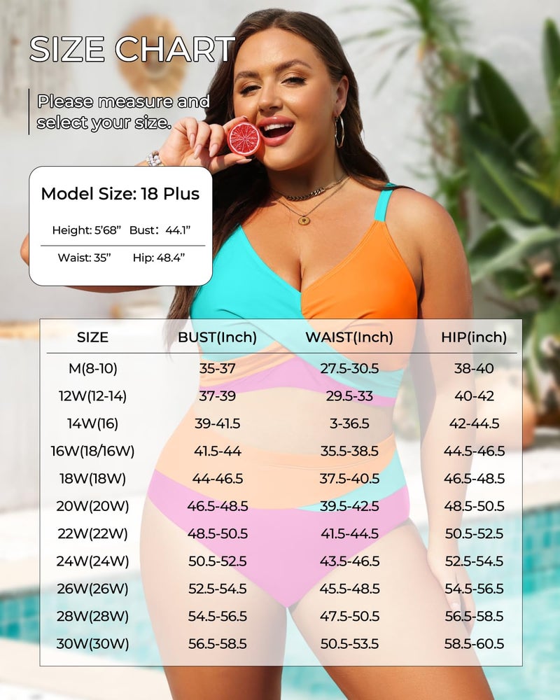 Tempt Me Plus Size Two Piece Swimsuit - Aqua Orange Pink Women High Waisted Bikini Set Tummy Control Bathing Suits 20 Plus - Image 3