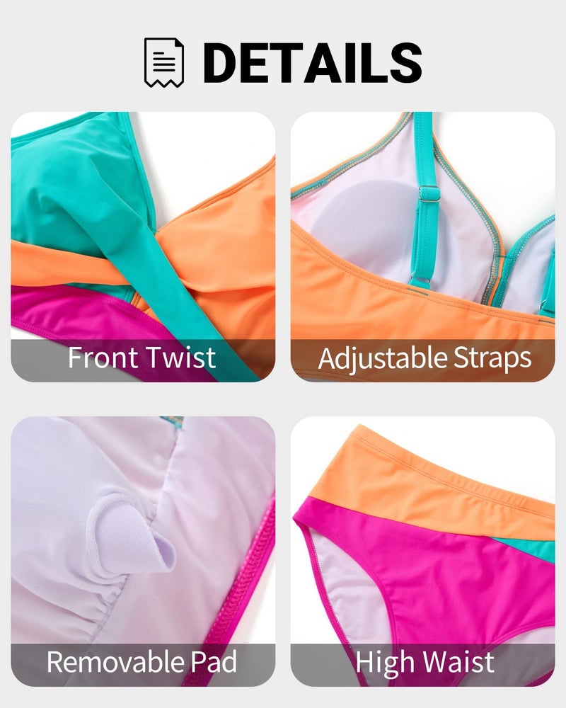 Tempt Me Plus Size Two Piece Swimsuit - Aqua Orange Pink Women High Waisted Bikini Set Tummy Control Bathing Suits 20 Plus - Image 5
