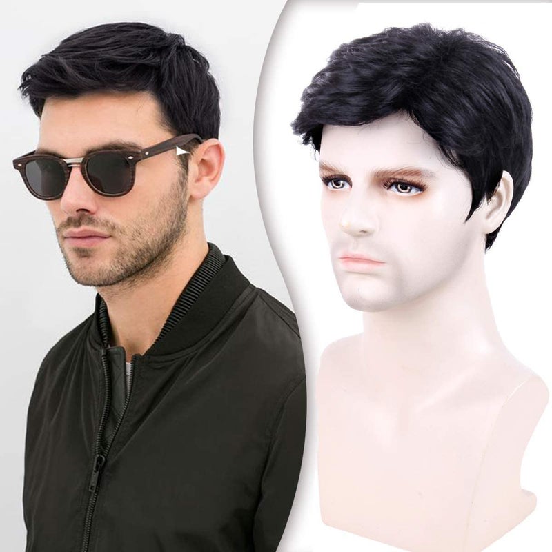 Creamily Mens Short Black Wig,Male Wig Realistic Synthetic Hair Replacement Wigs for Men, Layered Mens Wigs for Daily Wear Party Halloween Costume - Image 1