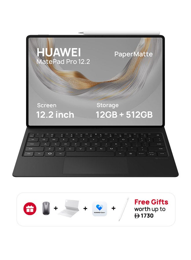 هواوي تابلت ميت باد برو 12.2 بوصة ببراءة ورقية باللون الأسود 12 جيجابايت رام 512 جيجابايت واي فاي مع لوحة مفاتيح + قلم M، هدايا مجانية، ضمان إضافي حصري لمدة 3 أشهر + عضوية مجانية مدى الحياة في WPS Office + 3 أشهر رعاية هواوي - النسخة الشرق أوسطية - Image 1
