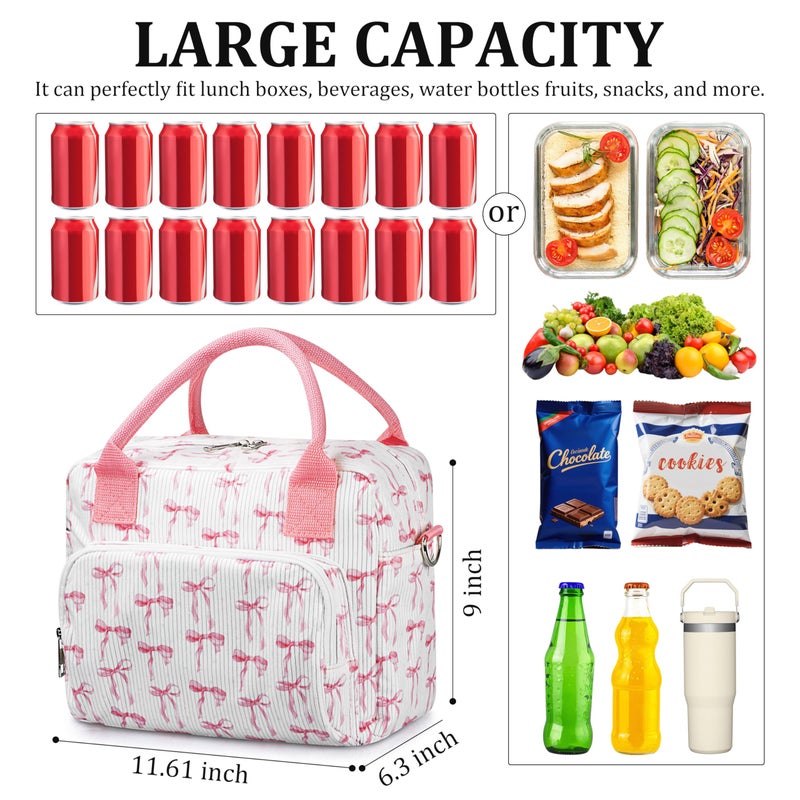 TESAFNG Lunch Box for Women Insulated Lunch Bag Cute Corduroy Lunch Tote Bags Lightweight Reusable Leakproof Cooler Bag with Adjustable Shoulder Strap for Work Office Travel Picnic (Pink Bow) - Image 2