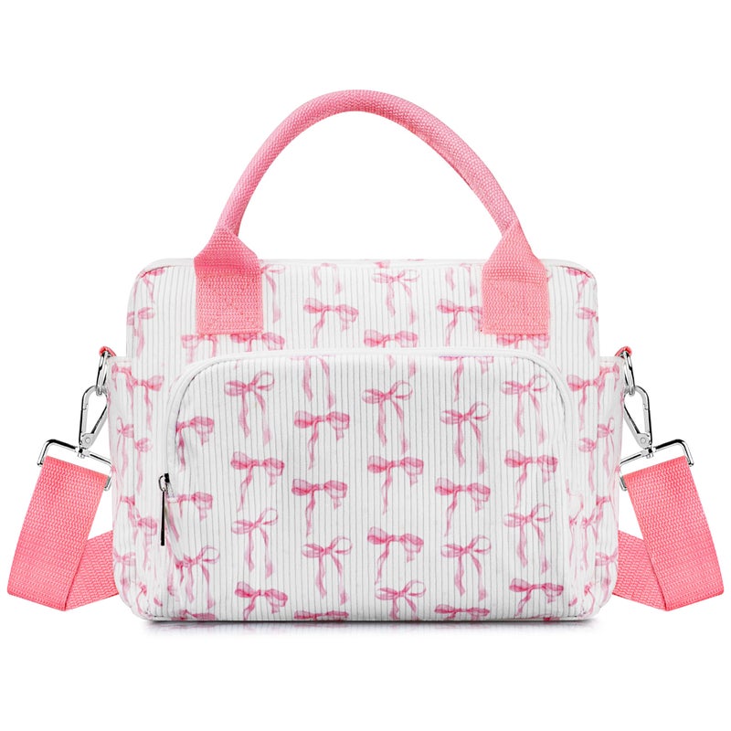 TESAFNG Lunch Box for Women Insulated Lunch Bag Cute Corduroy Lunch Tote Bags Lightweight Reusable Leakproof Cooler Bag with Adjustable Shoulder Strap for Work Office Travel Picnic (Pink Bow) - Image 1