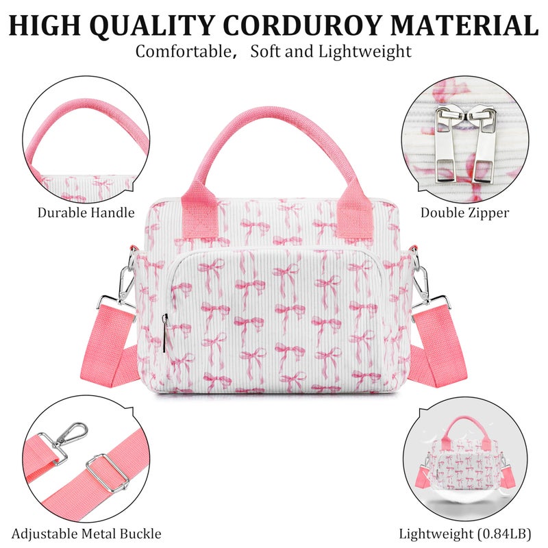 TESAFNG Lunch Box for Women Insulated Lunch Bag Cute Corduroy Lunch Tote Bags Lightweight Reusable Leakproof Cooler Bag with Adjustable Shoulder Strap for Work Office Travel Picnic (Pink Bow) - Image 5