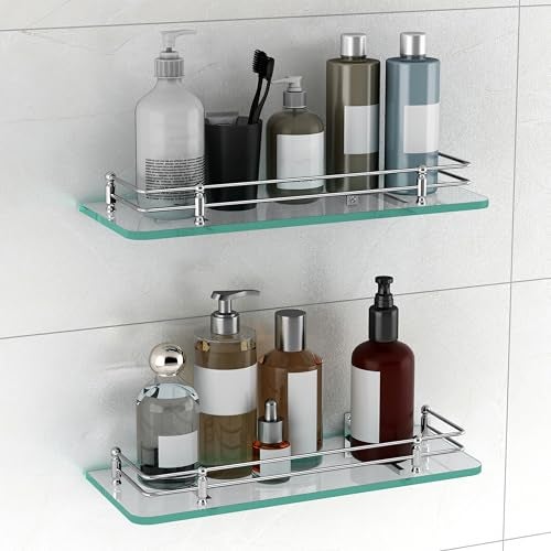 Plantex Glass Shelf for Bathroom/Kitchen Wall Mounted/Living Room Transparent Glass Shelf - Bathroom Organizer (Polished - 15x6 Inches - Pack of 2) - Image 1