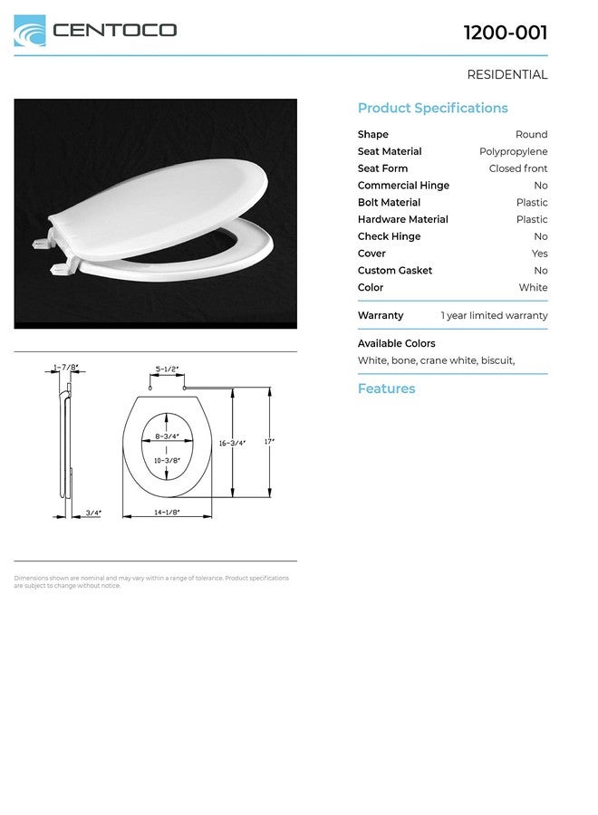 Centoco 1200-301 Round Plastic Toilet Seat, Standard Economy Model, Light Weight Residential, Crane White (Cotton/Bright) - Image 3