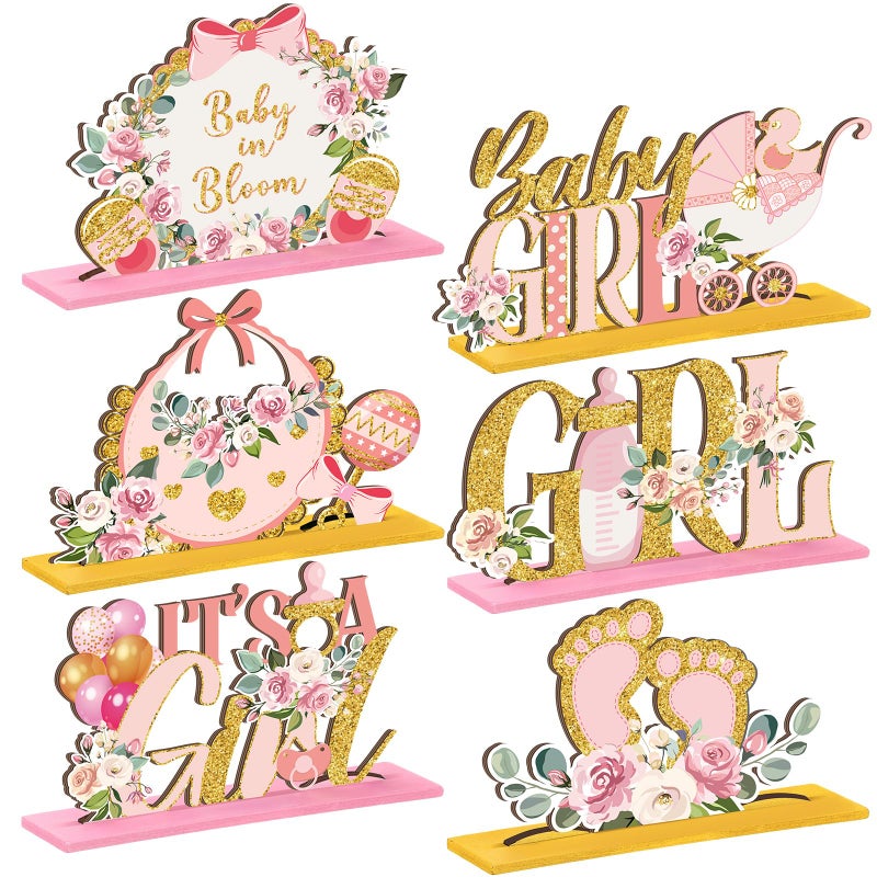 Suzile 6 Pcs Floral Baby Shower Table Wooden Centerpieces Baby in Bloom Table Display with Letters Pink Rose Gold Floral It's a Girl Gender Reveal for Girl Birthday Photo Props Summer Supplies - Image 1
