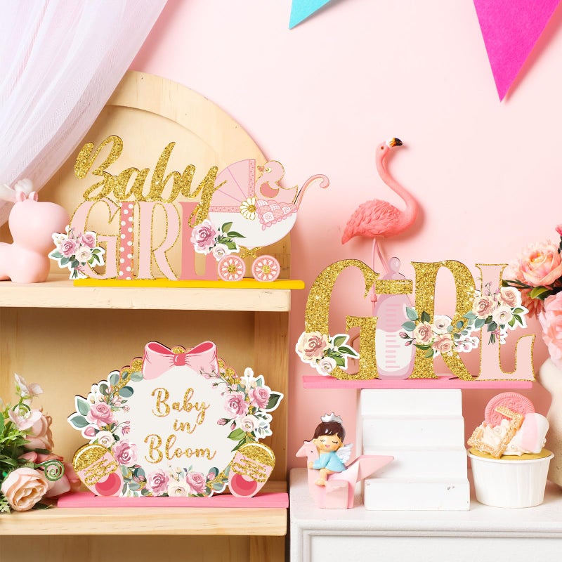 Suzile 6 Pcs Floral Baby Shower Table Wooden Centerpieces Baby in Bloom Table Display with Letters Pink Rose Gold Floral It's a Girl Gender Reveal for Girl Birthday Photo Props Summer Supplies - Image 3