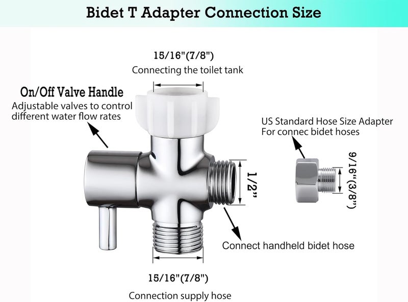walkinginrain Bidet T Adapter With Shut off Valve,3 Way T Valve for Bidet, Brass T Adapter for Handheld Toilet, 7/8"×7/8"×1/2" or 3/8" - Image 2