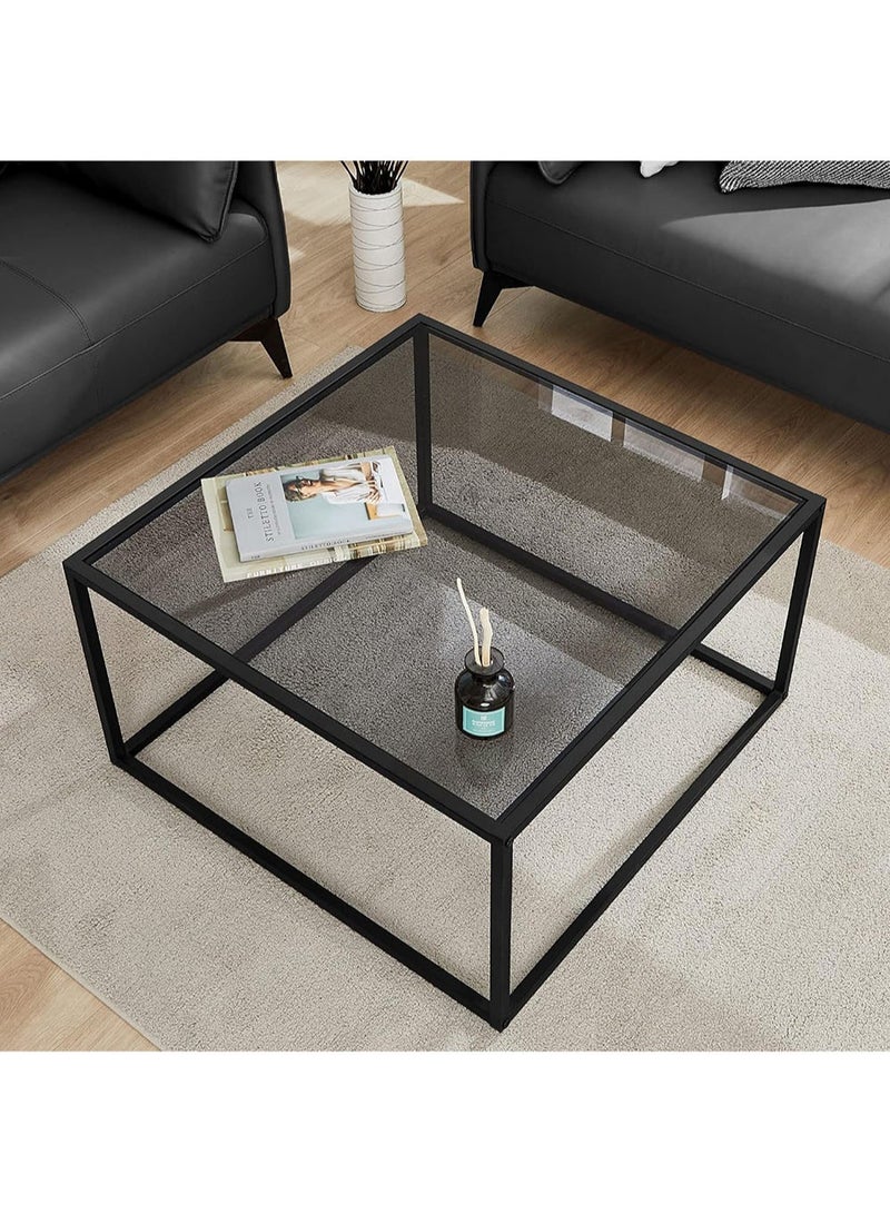 AGD Glass Coffee Table, Modern Simple Square Coffee Table 27.6 x 27.6 x 15.7 Inch for Living Room, Grey and Black - Image 4