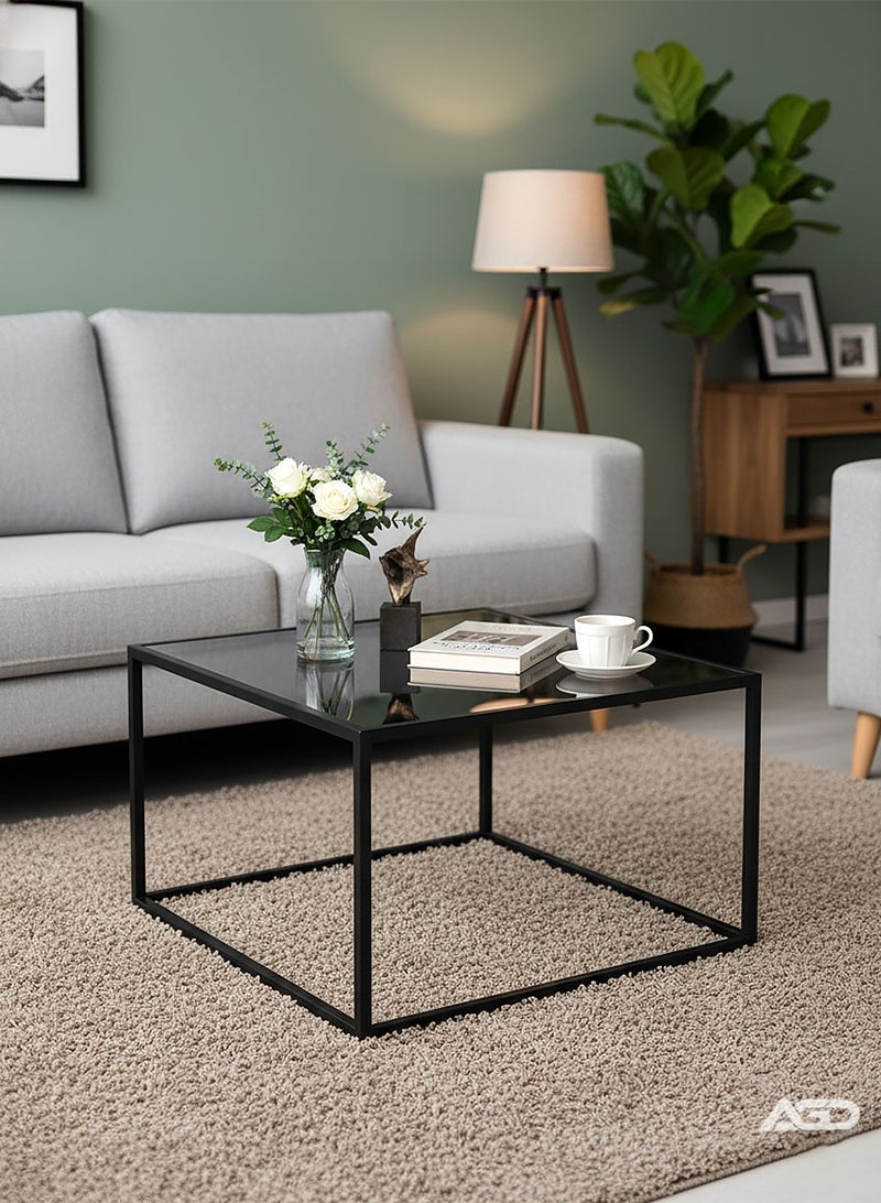 AGD Glass Coffee Table, Modern Simple Square Coffee Table 27.6 x 27.6 x 15.7 Inch for Living Room, Grey and Black - Image 2