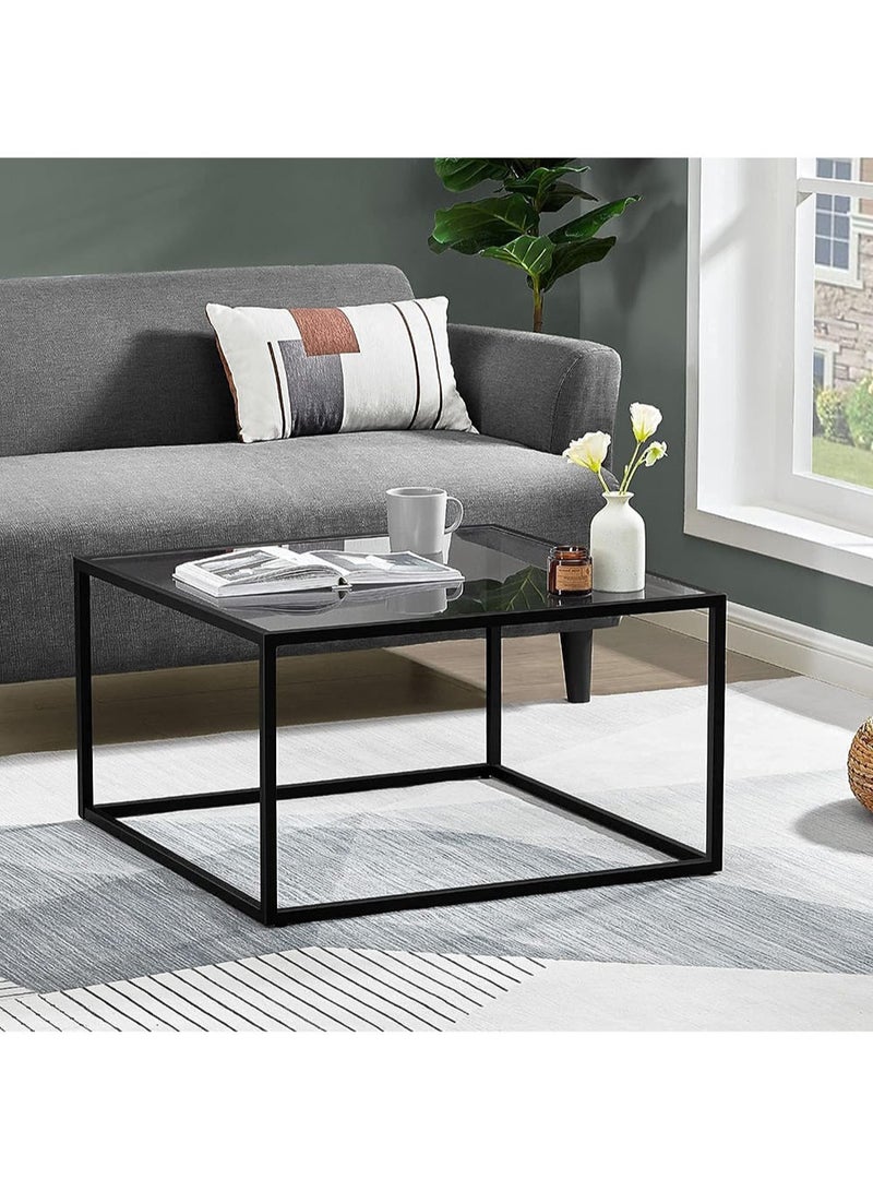 AGD Glass Coffee Table, Modern Simple Square Coffee Table 27.6 x 27.6 x 15.7 Inch for Living Room, Grey and Black - Image 1
