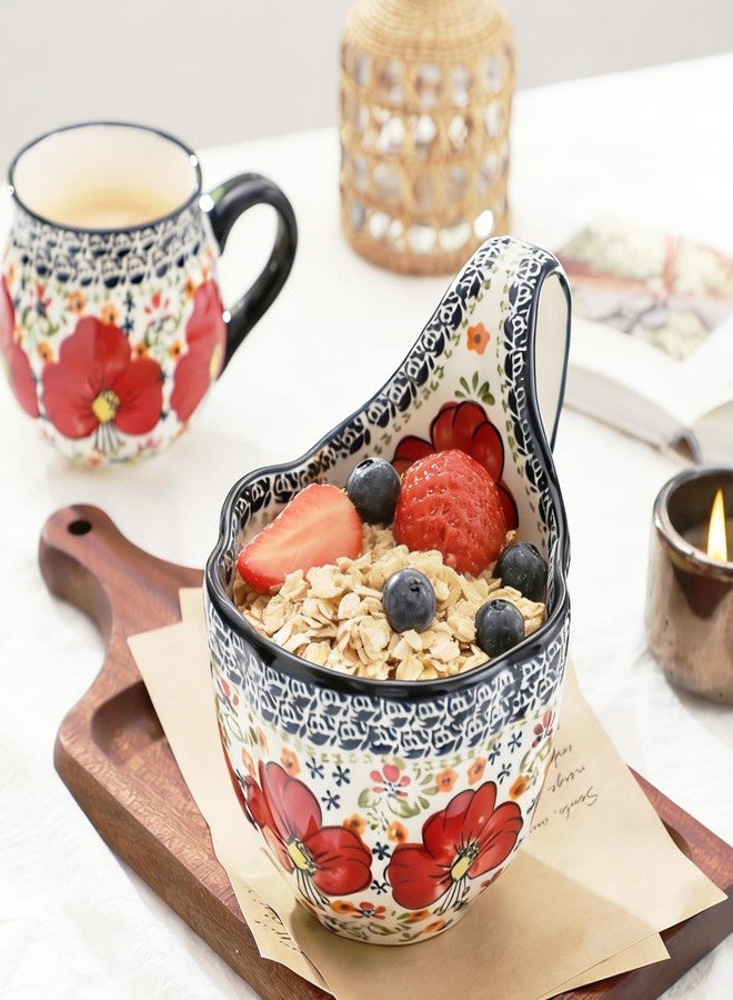 ALMA 2026 Updated Soup Bowls With Loop Handles Microwave & Oven Safe, 18oz Handpainted Flower Soup Mug for Women, Decorative Ceramic Cereal Bowls For Soup,Fruits,Stew,Ice cream,Snack-Red Lily Theme - Image 2