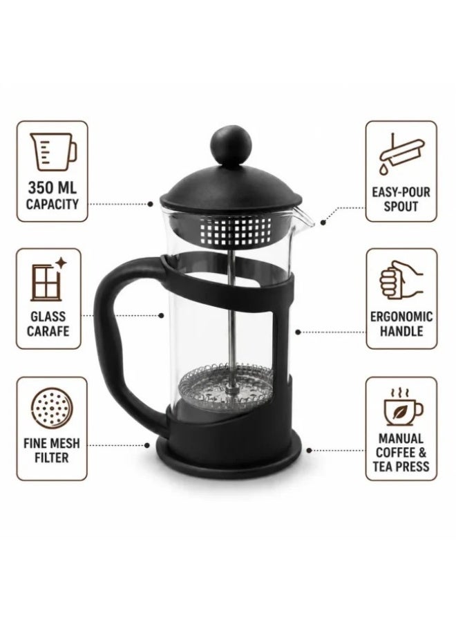 French Press Coffee Maker 350ml, Glass Coffee & Tea Press with Fine Mesh Filter, Easy-Pour Spout and Ergonomic Handle, Manual Cafetiere for Coffee, Tea and Herbal Infusions, Black - Image 3