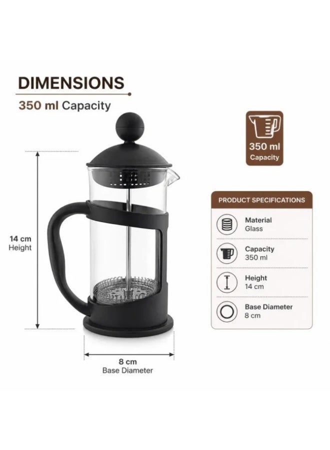 French Press Coffee Maker 350ml, Glass Coffee & Tea Press with Fine Mesh Filter, Easy-Pour Spout and Ergonomic Handle, Manual Cafetiere for Coffee, Tea and Herbal Infusions, Black - Image 4