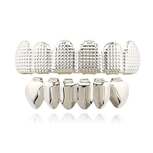 OOCC 18k Gold Plated Grills Hip Hop Teeth Grillz Caps Top and Bottom Set for Your Teeth (Silver) - Image 1