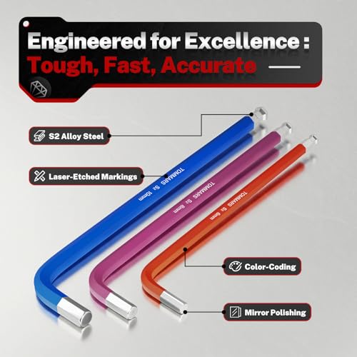 TOMMARS 26-PC Allen Wrenches Set Magnetic Ball End Extra Long Arm Allen Key Set With T-Handle Color Coded Hex Key Set SAE(0.05-3/8") Metric(1.27mm-10mm) - Image 5