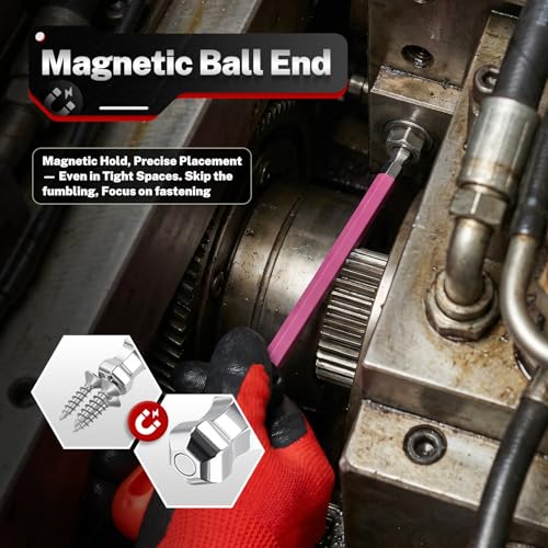 TOMMARS 26-PC Allen Wrenches Set Magnetic Ball End Extra Long Arm Allen Key Set With T-Handle Color Coded Hex Key Set SAE(0.05-3/8") Metric(1.27mm-10mm) - Image 4