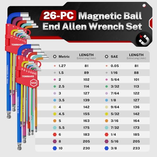 TOMMARS 26-PC Allen Wrenches Set Magnetic Ball End Extra Long Arm Allen Key Set With T-Handle Color Coded Hex Key Set SAE(0.05-3/8") Metric(1.27mm-10mm) - Image 2