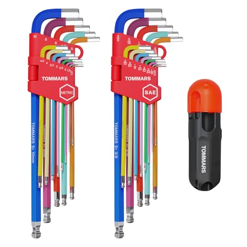 TOMMARS 26-PC Allen Wrenches Set Magnetic Ball End Extra Long Arm Allen Key Set With T-Handle Color Coded Hex Key Set SAE(0.05-3/8") Metric(1.27mm-10mm) - Image 1