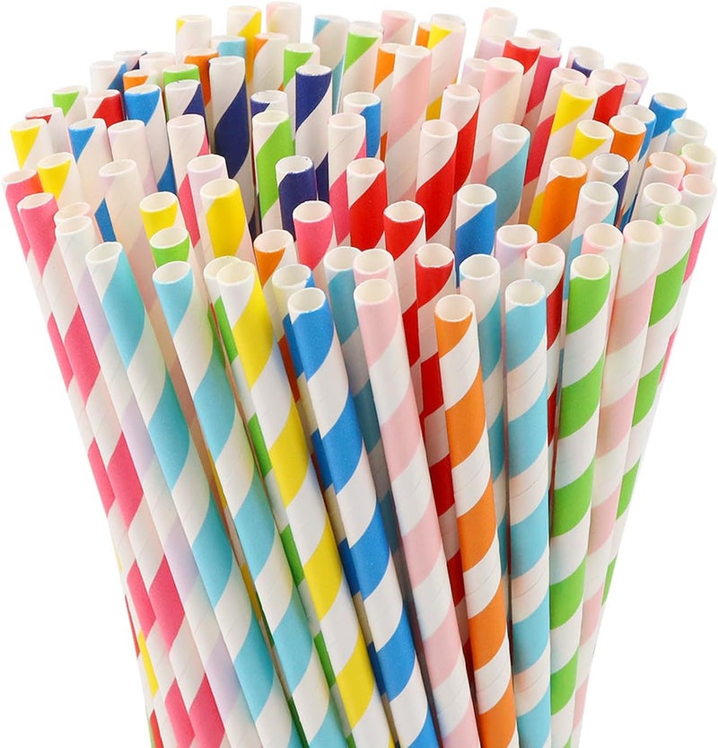 KTOJOY 100 Pcs Biodegradable Paper Straws Assorted Rainbow Colors Striped 10 Colors for Drinks Parties Crafts - Image 1