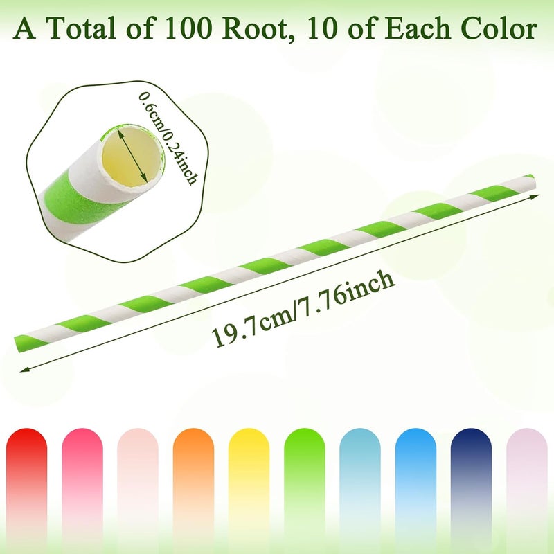 KTOJOY 100 Pcs Biodegradable Paper Straws Assorted Rainbow Colors Striped 10 Colors for Drinks Parties Crafts - Image 2