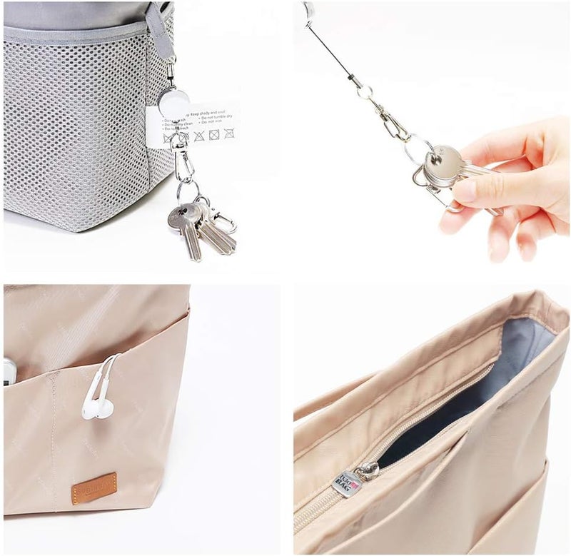 in . Purse Organizer Insert with zipper Nylon fabric for women Handbags & Totebag beige Size: Large: 15.7"(Top)/12.2"(Bottom) L × 4.9"W × 10"H - Image 5