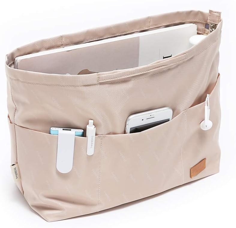 in . Purse Organizer Insert with zipper Nylon fabric for women Handbags & Totebag beige Size: Large: 15.7"(Top)/12.2"(Bottom) L × 4.9"W × 10"H - Image 1
