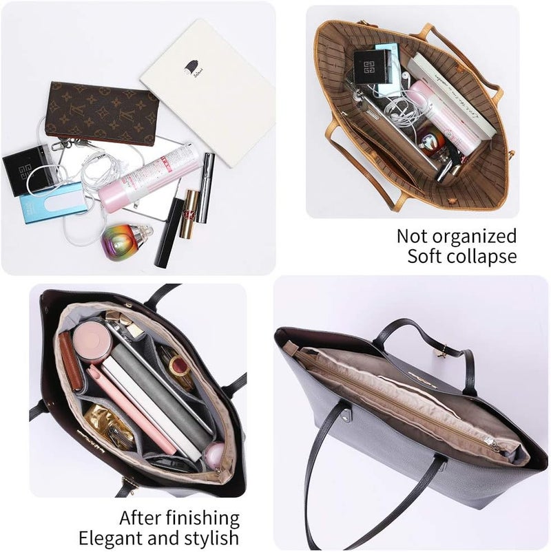in . Purse Organizer Insert with zipper Nylon fabric for women Handbags & Totebag beige Size: Large: 15.7"(Top)/12.2"(Bottom) L × 4.9"W × 10"H - Image 3