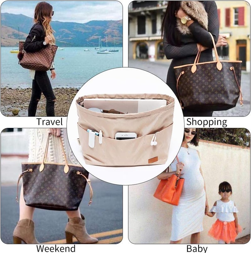 in . Purse Organizer Insert with zipper Nylon fabric for women Handbags & Totebag beige Size: Large: 15.7"(Top)/12.2"(Bottom) L × 4.9"W × 10"H - Image 4
