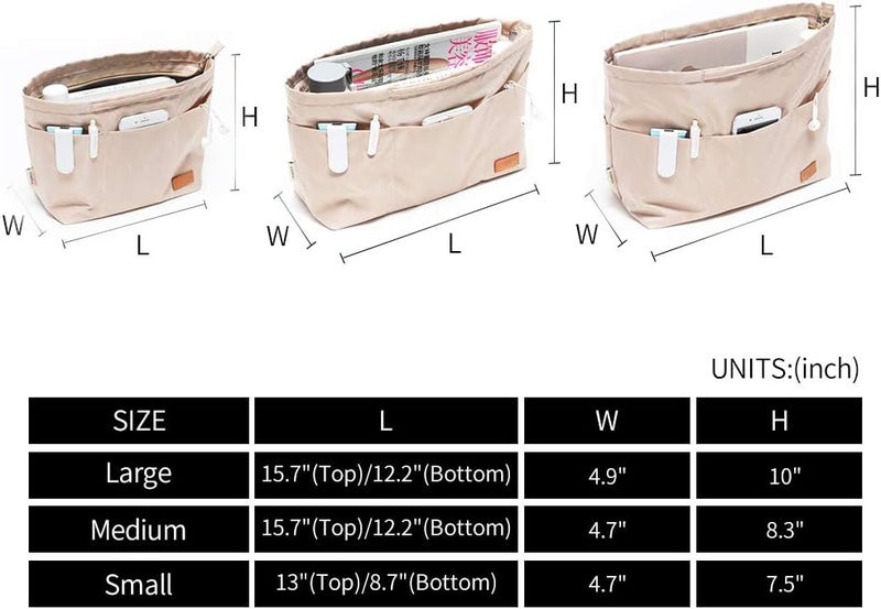 in . Purse Organizer Insert with zipper Nylon fabric for women Handbags & Totebag beige Size: Large: 15.7"(Top)/12.2"(Bottom) L × 4.9"W × 10"H - Image 2