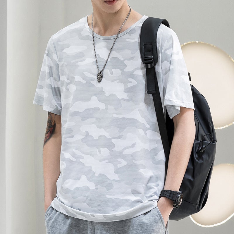 Generic Short-sleeved T-shirt Mens Spring and Summer Sports Casual Wear Camouflage Crewneck Quick-drying Lovers Breathable Slim-fit Sports Top T-shirt Light gray
