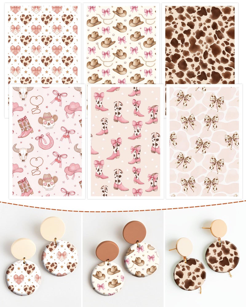 Puocaon Cowgirl Polymer Clay Transfer Sheets - 18 Pcs Boho Western Transfer Paper for Polymer Clay Earrings Jewelry Pink Bow Boots Design - Image 1