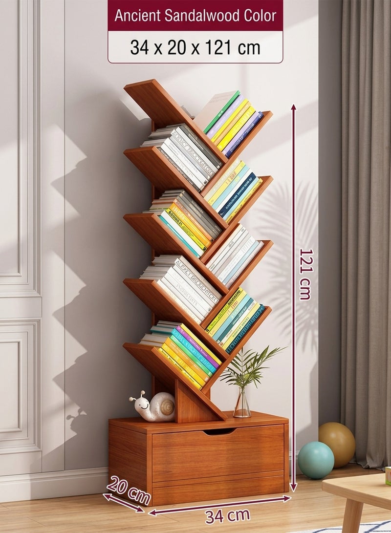 Baytvibes 10 Tier Tree Shaped Bookshelf Modern Slim Freestanding Bookcase With Bottom Storage Drawer Sturdy Wood Display Cabinet Compact Space Saving Organizer For Books Media Decor Suitable For Living Room Bedroom Home Office Corner Use - Image 2