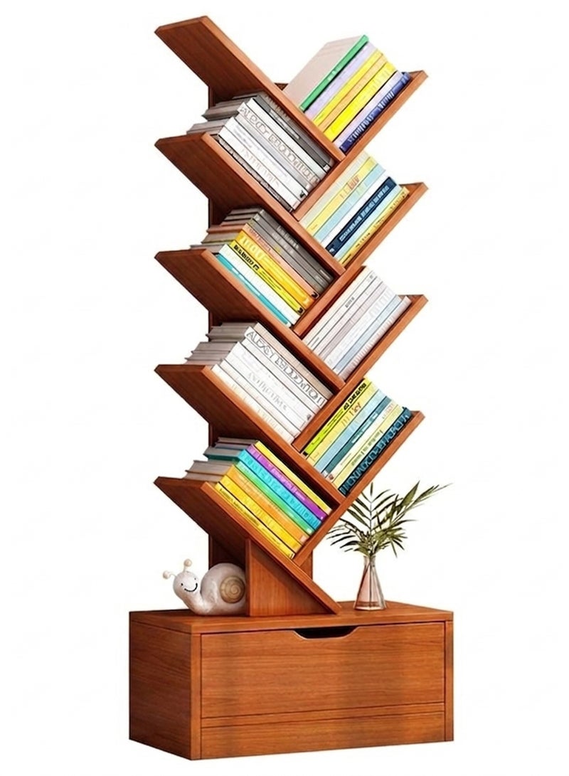 Baytvibes 10 Tier Tree Shaped Bookshelf Modern Slim Freestanding Bookcase With Bottom Storage Drawer Sturdy Wood Display Cabinet Compact Space Saving Organizer For Books Media Decor Suitable For Living Room Bedroom Home Office Corner Use - Image 1
