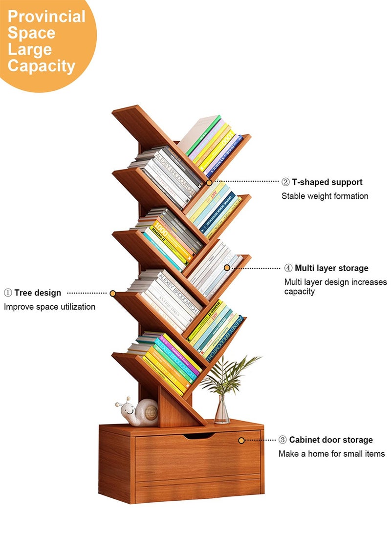 Baytvibes 10 Tier Tree Shaped Bookshelf Modern Slim Freestanding Bookcase With Bottom Storage Drawer Sturdy Wood Display Cabinet Compact Space Saving Organizer For Books Media Decor Suitable For Living Room Bedroom Home Office Corner Use - Image 5